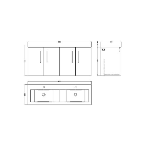 Nuie Arno Anthracite 1200mm Wall Hung 4 Door Vanity Unit with Twin Polymarble Basin - ARN523F Dimensions