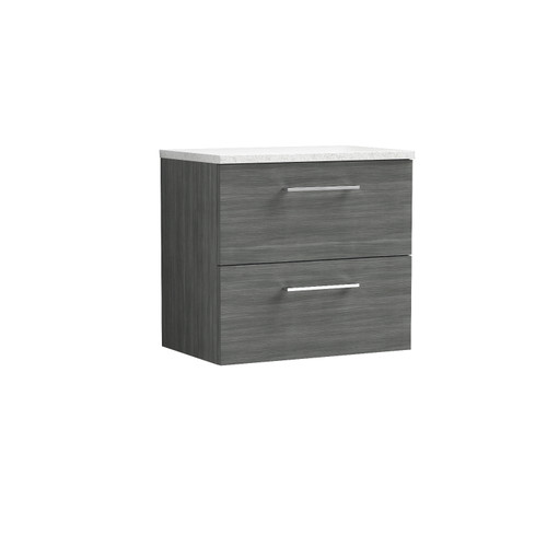 Nuie Arno Anthracite 600mm Wall Hung 2 Drawer Vanity Unit with Sparkling White Laminate Worktop - ARN524LSW Front View