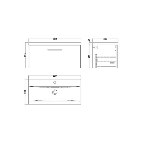 Nuie Arno Anthracite 800mm Wall Hung Single Drawer Vanity Unit with 40mm Profile Basin - ARN525D Dimensions