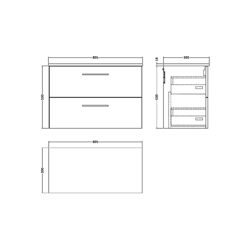 Nuie Arno Anthracite 800mm Wall Hung 2 Drawer Vanity Unit with Worktop - ARN526W Dimensions