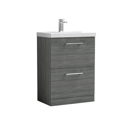 Nuie Arno Anthracite 600mm 2 Drawer Vanity Unit with 50mm Profile Basin - ARN533D Front View