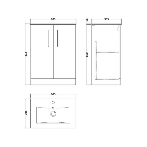 Nuie Arno Charcoal Black 600mm 2 Door Vanity Unit with 18mm Profile Basin - ARN603B Dimensions