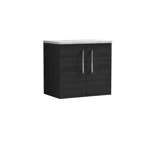 Nuie Arno Charcoal Black 600mm Wall Hung 2 Door Vanity Unit with Bellato Grey Laminate Worktop - ARN623LBG Front View