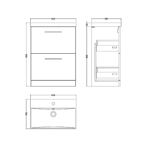 Nuie Arno Charcoal Black 600mm 2 Drawer Vanity Unit with 50mm Profile Basin - ARN633D Dimensions