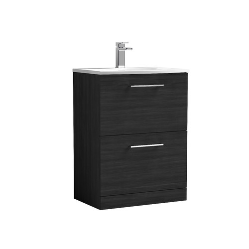 Nuie Arno Charcoal Black 600mm 2 Drawer Vanity Unit with 30mm Profile Curved Basin - ARN633G Front View