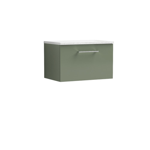 Nuie Arno Satin Green 600mm Wall Hung Single Drawer Vanity Unit with Sparkling White Laminate Worktop - ARN822LSW Front View