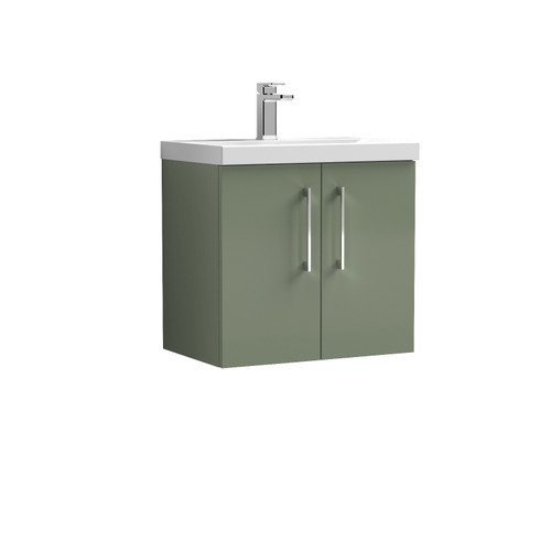 Nuie Arno Satin Green 600mm Wall Hung 2 Door Vanity Unit with 40mm Profile Basin - ARN823A Front View