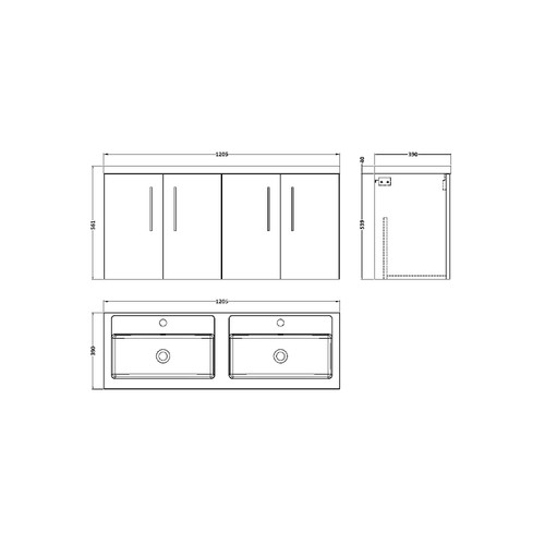 Nuie Arno Satin Green 1200mm Wall Hung 4 Door Vanity Unit with Double Basin - ARN823C Dimensions