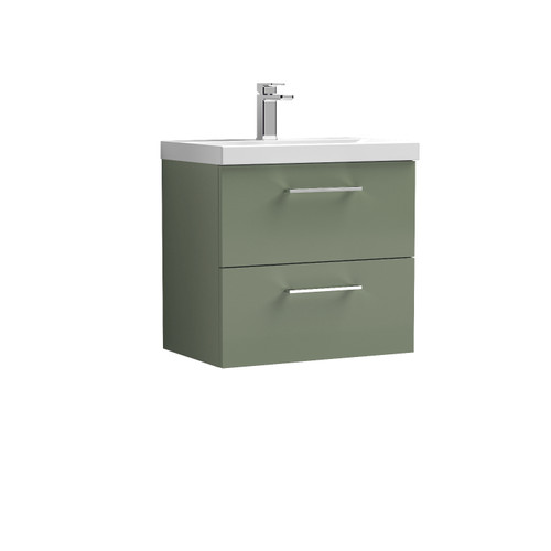 Nuie Arno Satin Green 600mm Wall Hung 2 Drawer Vanity Unit with 50mm Profile Basin - ARN824D Front View