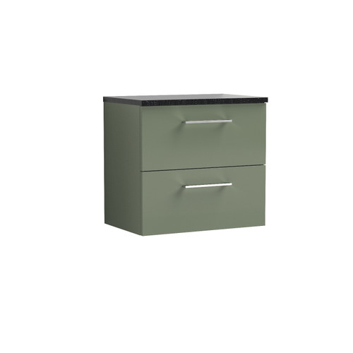 Nuie Arno Satin Green 600mm Wall Hung 2 Drawer Vanity Unit with Sparkling Black Laminate Worktop - ARN824LSB Front View