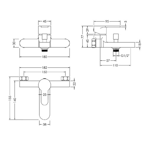 Nuie Arvan Polished Chrome Wall Mounted Bath Shower Mixer Tap and Kit - ARV316 Dimensions