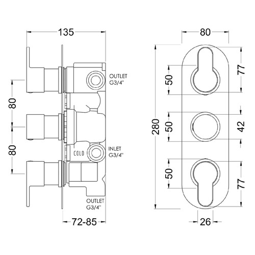 Nuie Arvan Matt Black Triple Concealed Thermostatic Shower Valve with Diverter - ARV4TR03 Dimensions