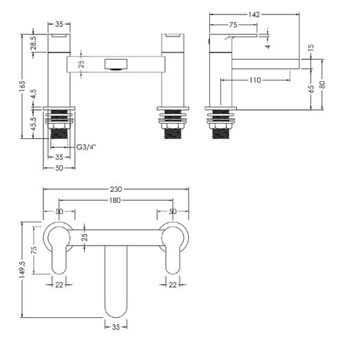 Nuie Arvan Brushed Brass Deck Mounted Bath Filler Tap - ARV803 Dimensions