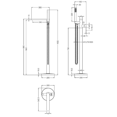 Nuie Arvan Brushed Brass Freestanding Bath Shower Mixer Tap - ARV821 Dimensions