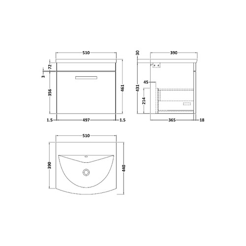 Nuie Athena Gloss White 500mm Wall Hung Single Drawer Vanity Unit with 30mm Profile Curved Basin - ATH013G Dimensions