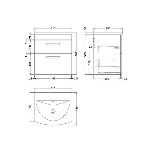 Nuie Athena Gloss White 500mm Wall Hung 2 Drawer Vanity Unit with 30mm Profile Curved Basin - ATH020G Dimensions