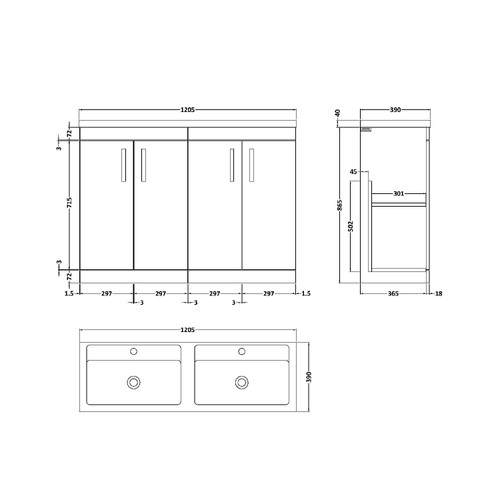 Nuie Athena Gloss White 1200mm 4 Door Vanity Unit with Twin Polymarble Basin - ATH027F Dimensions