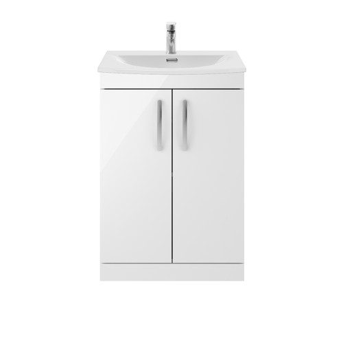 Nuie Athena Gloss White 600mm 2 Door Vanity Unit with 30mm Profile Curved Basin - ATH027G Front View