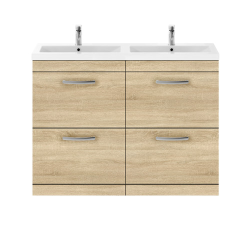 Nuie Athena Natural Oak 1200mm 4 Drawer Vanity Unit with Twin Polymarble Basin - ATH031F Front View