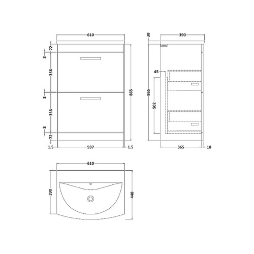 Nuie Athena Gloss White 600mm 2 Drawer Vanity Unit with 30mm Profile Curved Basin - ATH034G Dimensions