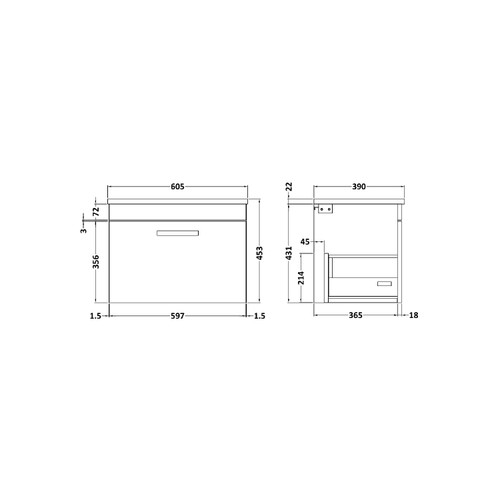 Nuie Athena Gloss White 600mm Wall Hung Single Drawer Vanity Unit with Bellato Grey Laminate Worktop - ATH041LBG Dimensions