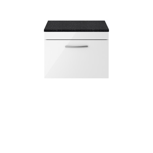 Nuie Athena Gloss White 600mm Wall Hung Single Drawer Vanity Unit with Sparkling Black Laminate Worktop - ATH041LSB Front View