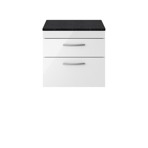 Nuie Athena Gloss White 600mm Wall Hung 2 Drawer Vanity Unit with Sparkling Black Laminate Worktop - ATH048LSB Front View