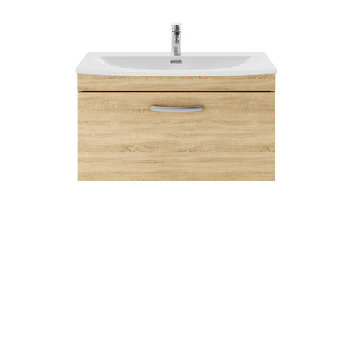 Nuie Athena Natural Oak 800mm Wall Hung Single Drawer Vanity Unit with 30mm Profile Curved Basin - ATH059G Front View