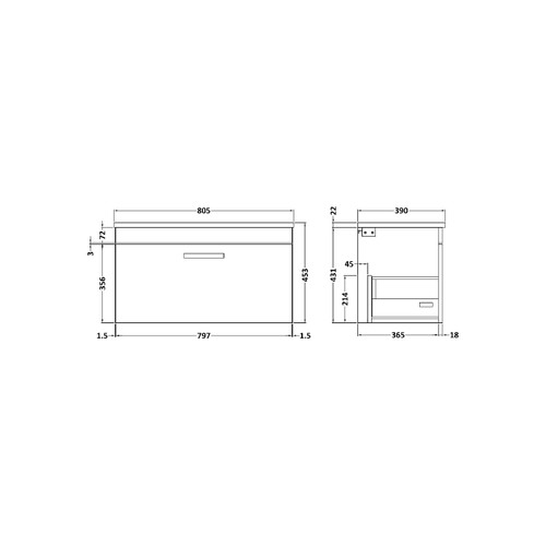 Nuie Athena Gloss White 800mm Wall Hung Single Drawer Vanity Unit with Sparkling Black Laminate Worktop - ATH062LSB Dimensions