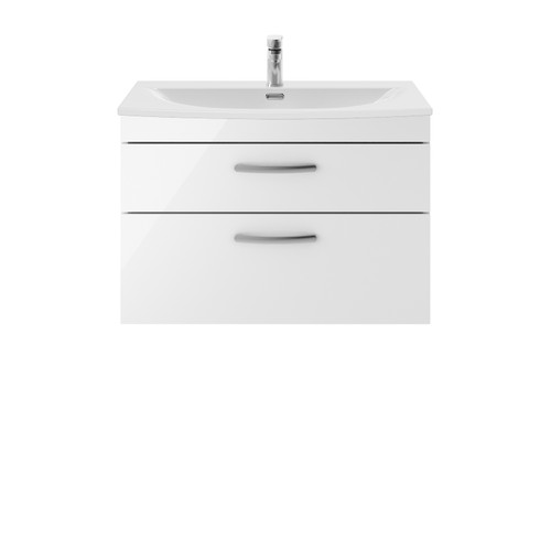 Nuie Athena Gloss White 800mm Wall Hung 2 Drawer Vanity Unit with 30mm Profile Curved Basin - ATH069G Front View