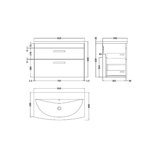 Nuie Athena Gloss White 800mm Wall Hung 2 Drawer Vanity Unit with 30mm Profile Curved Basin - ATH069G Dimensions