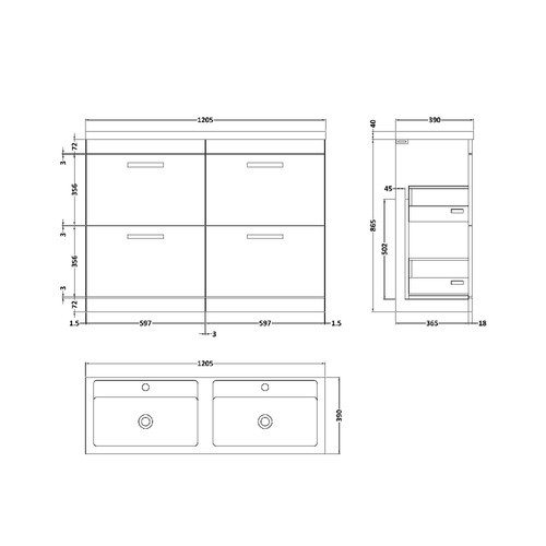 Nuie Athena Gloss Grey 1200mm 4 Drawer Vanity Unit with Twin Polymarble Basin - ATH076F Dimensions