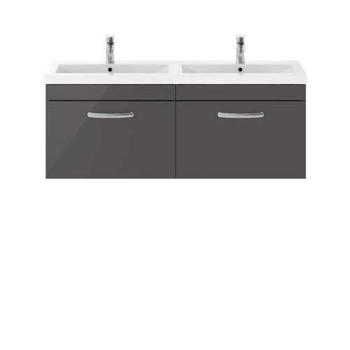 Nuie Athena Gloss Grey 1200mm Wall Hung 2 Drawer Vanity Unit with Twin Polymarble Basin - ATH077F Front View