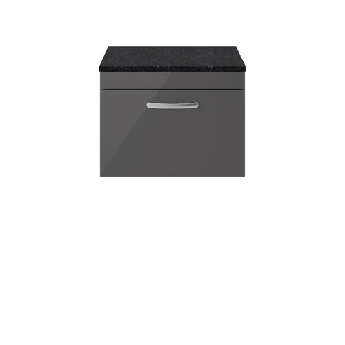 Nuie Athena Gloss Grey 600mm Wall Hung Single Drawer Vanity Unit with Sparkling Black Laminate Worktop - ATH077LSB Front View