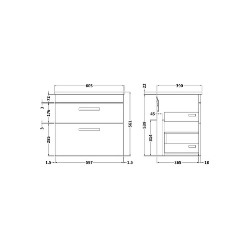 Nuie Athena Gloss Grey 600mm Wall Hung 2 Drawer Vanity Unit with Sparkling Black Laminate Worktop - ATH078LSB Dimensions