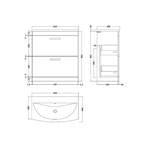 Nuie Athena Gloss Grey 800mm 2 Drawer Vanity Unit with 30mm Profile Curved Basin - ATH079G Dimensions