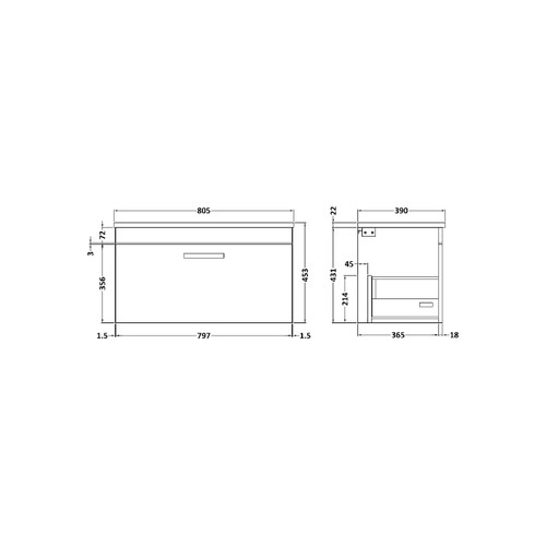 Nuie Athena Gloss Grey 800mm Wall Hung Single Drawer Vanity Unit with Sparkling Black Laminate Worktop - ATH080LSB Dimensions