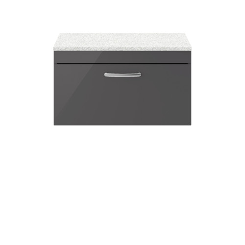 Nuie Athena Gloss Grey 800mm Wall Hung Single Drawer Vanity Unit with Sparkling White Laminate Worktop - ATH080LSW Front View