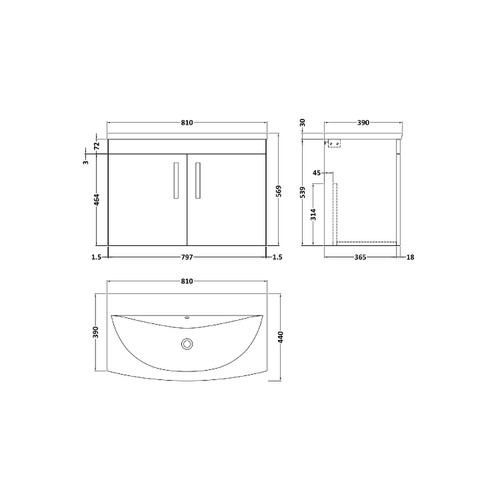 Nuie Athena Gloss Grey 800mm Wall Hung 2 Door Vanity Unit with 30mm Profile Curved Basin - ATH101G Dimensions