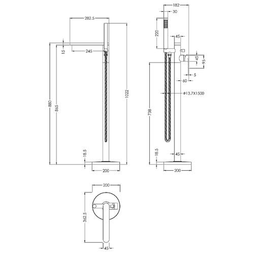 Nuie Binsey Polished Chrome Freestanding Bath Shower Mixer Tap - BIN321 Dimensions