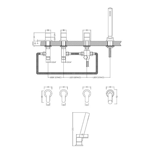 Nuie Binsey Polished Chrome Deck Mounted 4 Tap Hole Bath Shower Mixer without Spout - BIN334 Dimensions