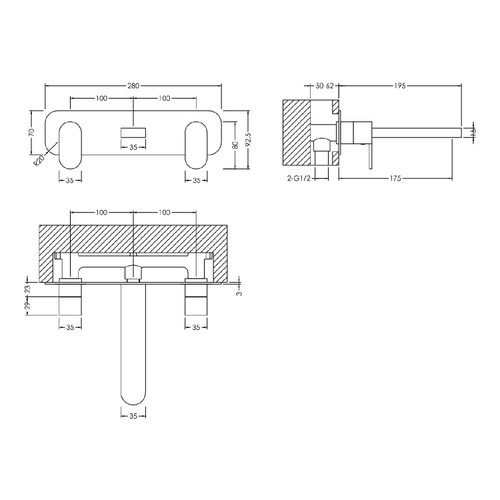 Nuie Binsey Polished Chrome Wall Mounted 3 Tap Hole Basin Mixer with Plate - BIN350 Dimensions