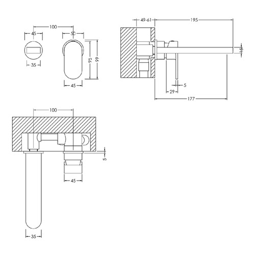 Nuie Binsey Polished Chrome Wall Mounted 2 Tap Hole Basin Mixer - BIN381 Dimensions