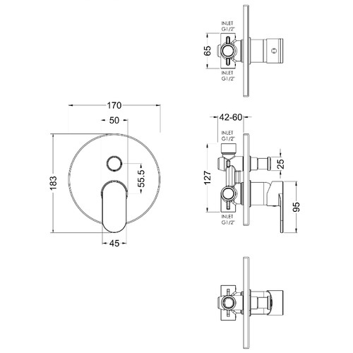 Nuie Binsey Polished Chrome Manual Shower Valve with Diverter - BINMV12 Dimensions