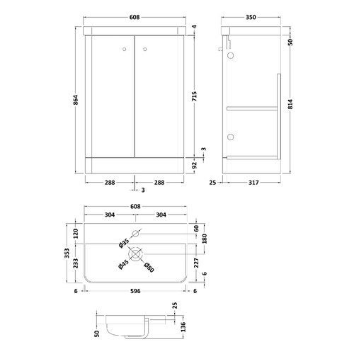 Nuie Core Gloss White 600mm 2 Door Vanity Unit and Basin with 1 Tap Hole - COR106 Dimensions