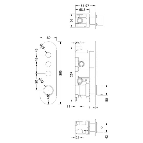 Nuie Round Polished Chrome Concealed Push Button Shower Valve with 3 Outlet - CPB8312 Dimensions