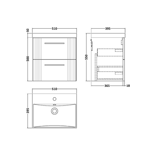 Nuie Deco Satin Anthracite 500mm Wall Hung 2 Drawer Vanity Unit with 50mm Profile Basin - DPF1492D Dimensions