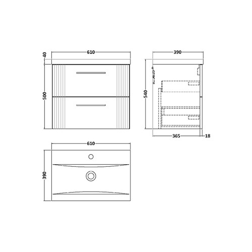 Nuie Deco Satin Anthracite 600mm Wall Hung 2 Drawer Vanity Unit with 40mm Profile Basin - DPF1493A Dimensions