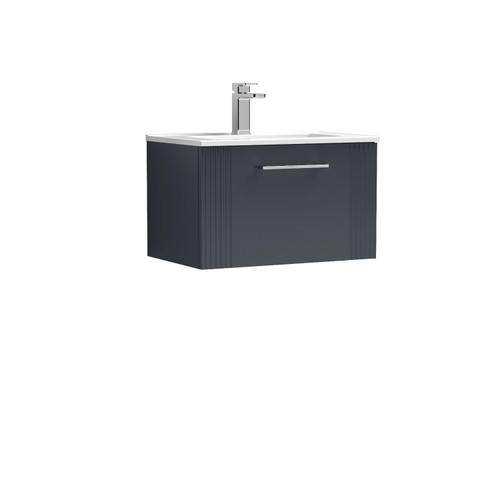 Nuie Deco Satin Anthracite 600mm Wall Hung Single Drawer Vanity Unit with 18mm Profile Basin - DPF1494B Front View