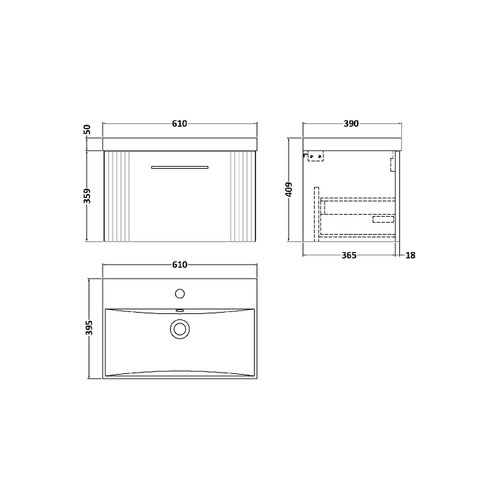 Nuie Deco Satin Anthracite 600mm Wall Hung Single Drawer Vanity Unit with 50mm Profile Basin - DPF1494D Dimensions